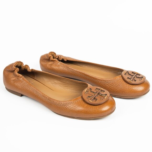 Tory Burch Reva Ballet Flats Royal Tan Leather Logo Size 7 - Picture 4 of 12